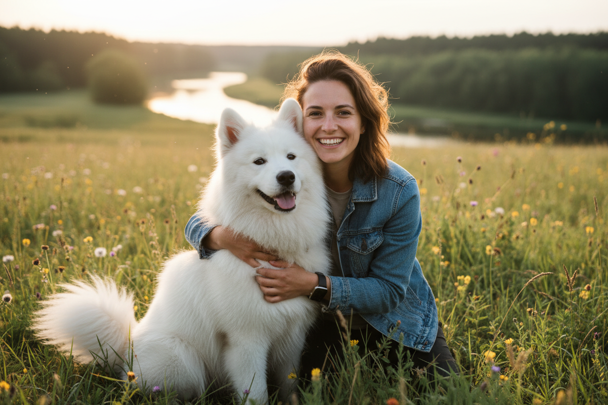 un chien blanc avec son maitre