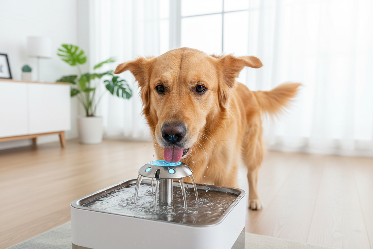 un chiens et une fontain deau pour chien genre